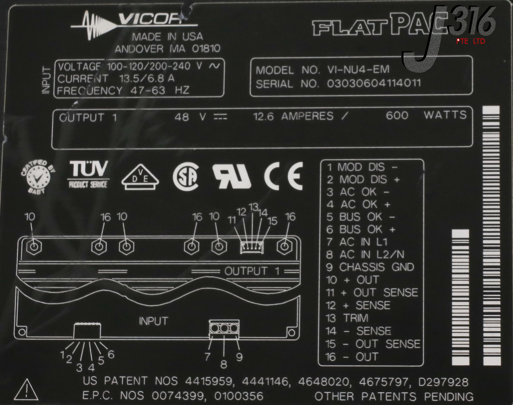 13099 VICOR FLATPAC SWITCHING POWER SUPPLY, 48VDC, 12.6A, 600W VI